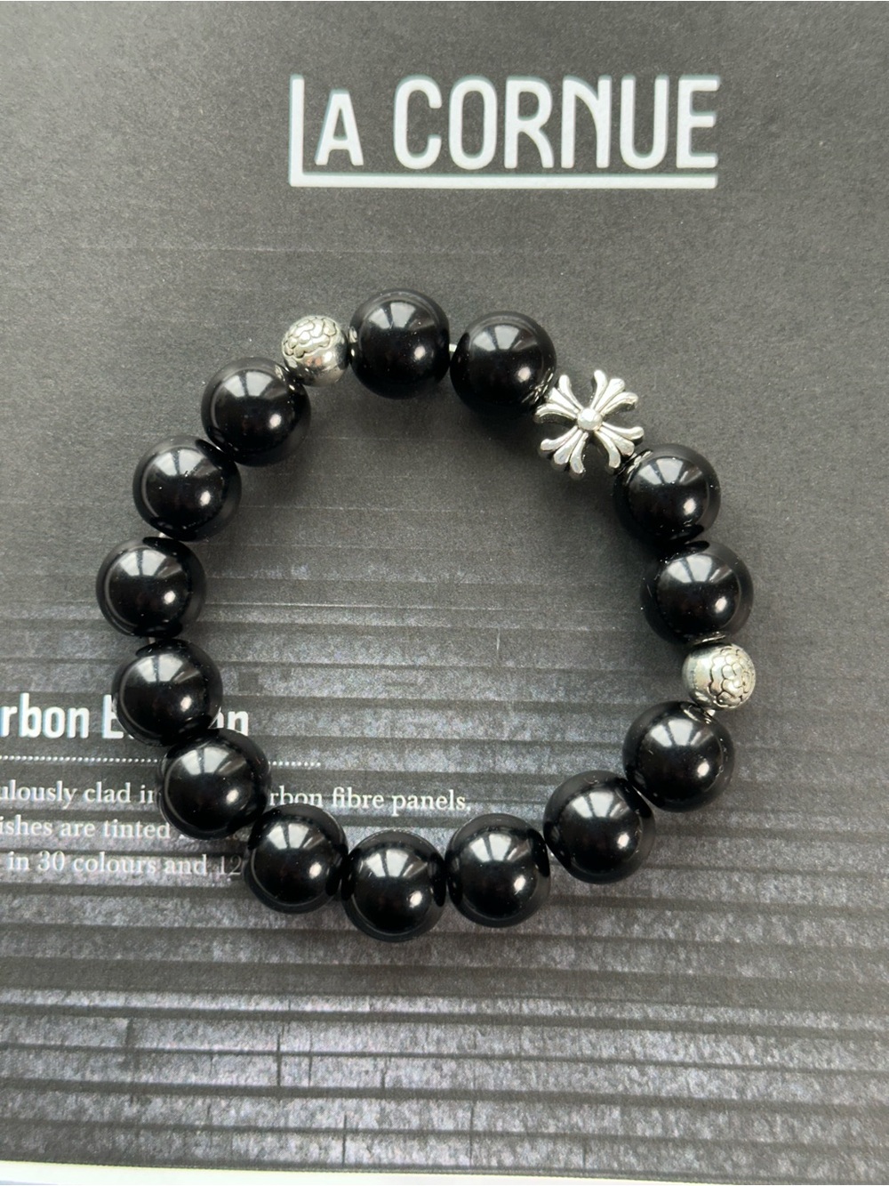 Black Bead Stretch Bracelet with sterling Silver Accents